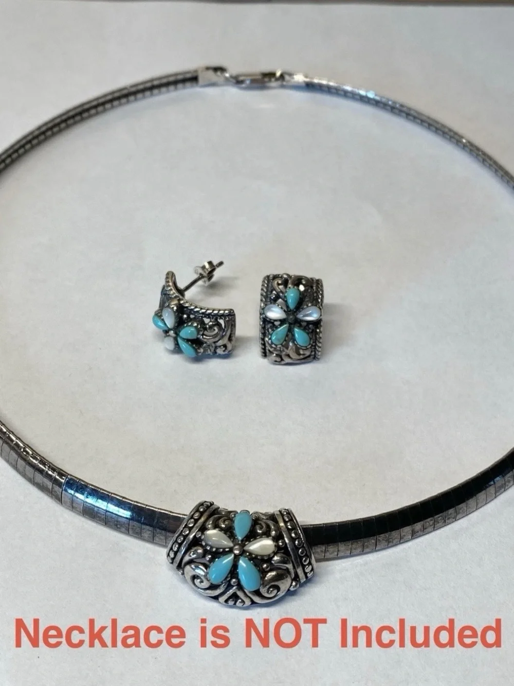 Vtg STH Sterling Silver Turquoise & Mother of Pearl Flower Slide Earrings Set